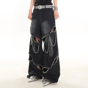 VILZSTUDIOS Stylish wide-leg jeans with ripped details and chain accents