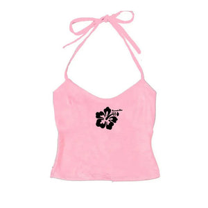 VILZSTUDIOS Aesthetic halter top with hibiscus flower design
