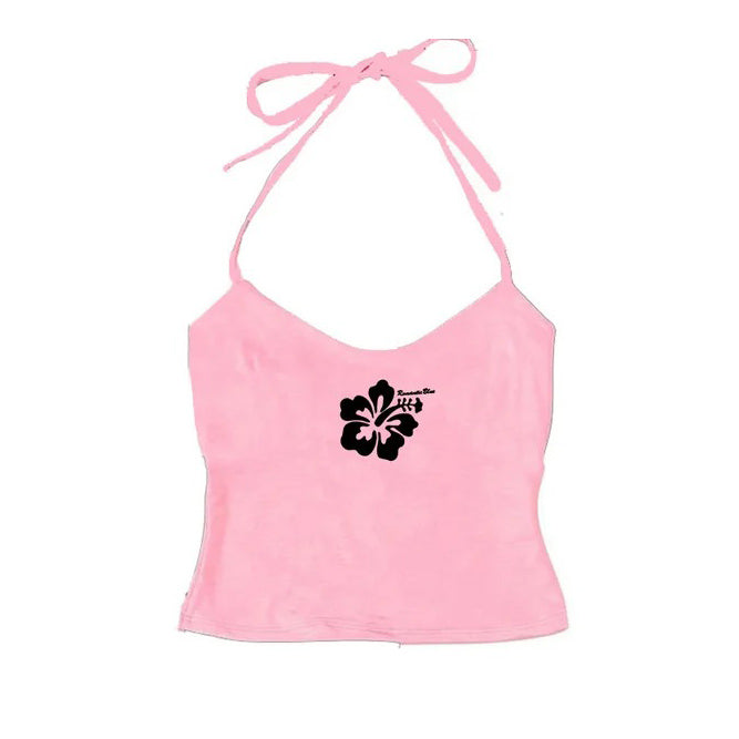 VILZSTUDIOS Aesthetic halter top with hibiscus flower design
