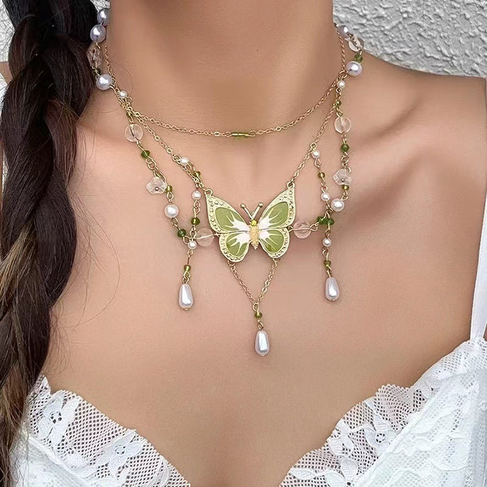 VILZSTUDIOS Layered necklace with green butterfly design
