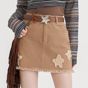 VILZSTUDIOS Aesthetic mini skirt with star patches and frayed hem
