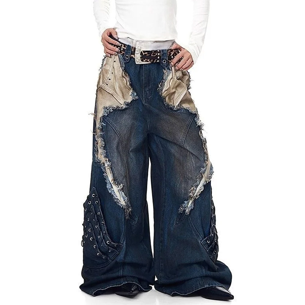 VILZSTUDIOS Wide-leg denim jeans with distressed texture and eyelet details