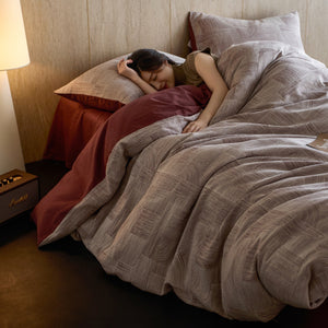 VILZSTUDIOS muted rose, cream and taupe duvet cover sets with geometric arches, botanical sprigs, fan motifs and painterly stripes