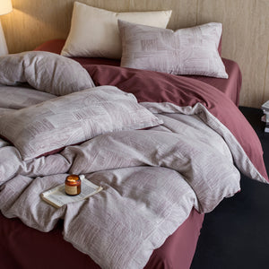 VILZSTUDIOS muted rose, cream and taupe duvet cover sets with geometric arches, botanical sprigs, fan motifs and painterly stripes
