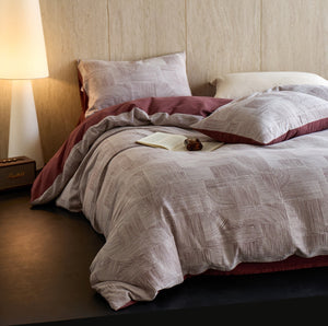 VILZSTUDIOS muted rose, cream and taupe duvet cover sets with geometric arches, botanical sprigs, fan motifs and painterly stripes