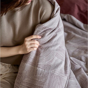 VILZSTUDIOS muted rose, cream and taupe duvet cover sets with geometric arches, botanical sprigs, fan motifs and painterly stripes