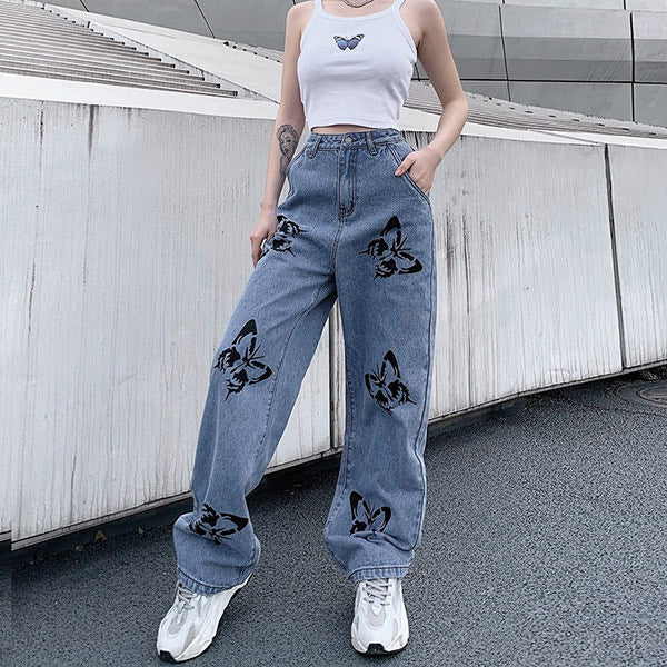 VILZSTUDIOS Fashionable butterfly graphic denim jeans for streetwear style