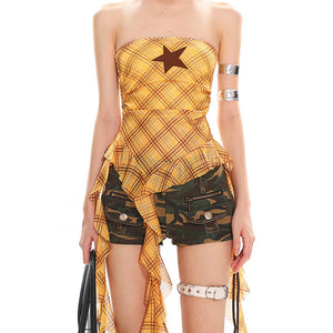 VILZSTUDIOS asymmetrical plaid tube top with star patch