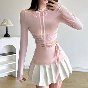 VILZSTUDIOS Elegant long sleeve top with ribbon tie accents