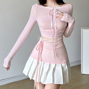 VILZSTUDIOS Elegant long sleeve top with ribbon tie accents
