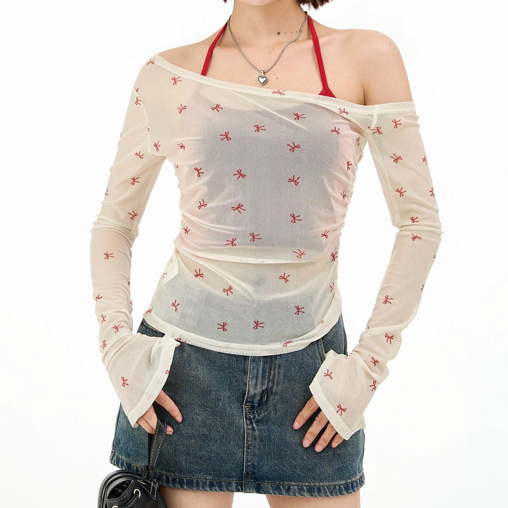 VILZSTUDIOS Stylish mesh top with bow prints and flared sleeves