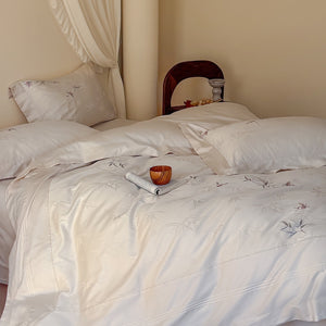 VILZSTUDIOS cream or pale gray bamboo and butterfly embroidered satin bedding set with flanged borders