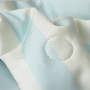 VILZSTUDIOS mint-blue and cream diagonal stripe summer quilt with brown cartoon bears and dark contrast piping