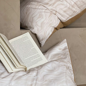VILZSTUDIOS pale beige wave print bedding set with solid camel-tan reverse