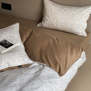 VILZSTUDIOS pale beige wave print bedding set with solid camel-tan reverse