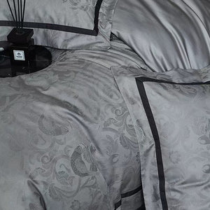 VILZSTUDIOS steel grey bird and botanical damask duvet cover set with charcoal flange borders