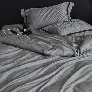 VILZSTUDIOS steel grey bird and botanical damask duvet cover set with charcoal flange borders