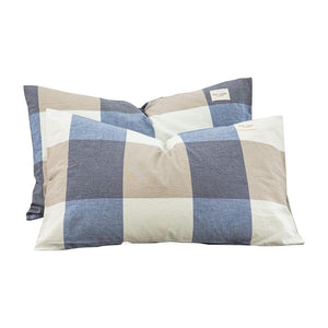 VILZSTUDIOS denim blue, beige and cream block check pillowcase with stitched edges