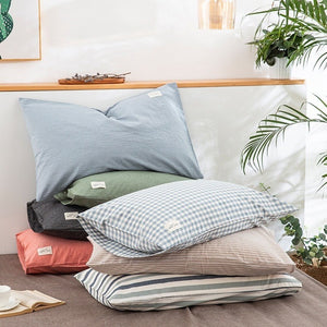 VILZSTUDIOS denim blue, beige and cream block check pillowcase with stitched edges