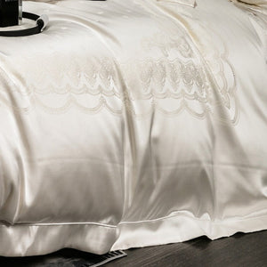VILZSTUDIOS blush pink satin duvet cover set with champagne scrollwork borders and matching flanged pillowcases