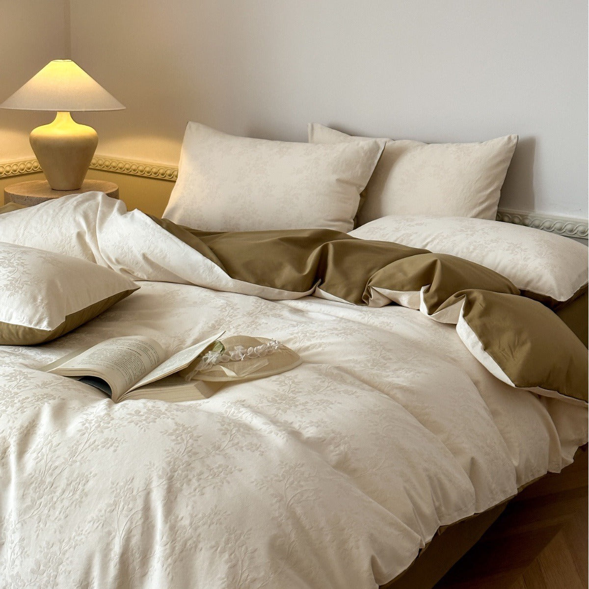 VILZSTUDIOS ivory botanical jacquard bedding set with olive-khaki reverse and matching pillowcases