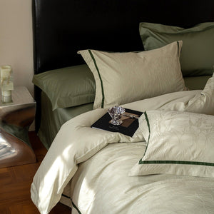 VILZSTUDIOS botanical jacquard duvet cover set with contrasting borders in beige, cream, pale sage and ice blue variations