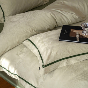 VILZSTUDIOS botanical jacquard duvet cover set with contrasting borders in beige, cream, pale sage and ice blue variations