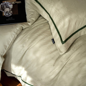 VILZSTUDIOS botanical jacquard duvet cover set with contrasting borders in beige, cream, pale sage and ice blue variations