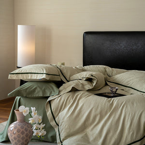 VILZSTUDIOS botanical jacquard duvet cover set with contrasting borders in beige, cream, pale sage and ice blue variations