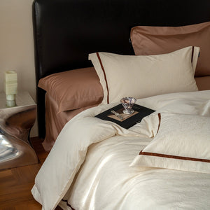 VILZSTUDIOS botanical jacquard duvet cover set with contrasting borders in beige, cream, pale sage and ice blue variations