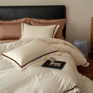 VILZSTUDIOS botanical jacquard duvet cover set with contrasting borders in beige, cream, pale sage and ice blue variations