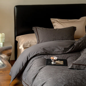 VILZSTUDIOS botanical jacquard duvet cover set with contrasting borders in beige, cream, pale sage and ice blue variations
