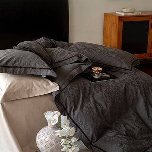 VILZSTUDIOS botanical jacquard duvet cover set with contrasting borders in beige, cream, pale sage and ice blue variations