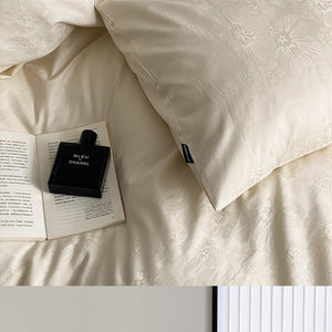VILZSTUDIOS Muted-tone botanical jacquard satin duvet cover set with flanged pillowcases