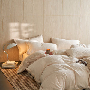VILZSTUDIOS cream and blush-beige bow embroidered plaid duvet cover set with fluffy faux-fur trim