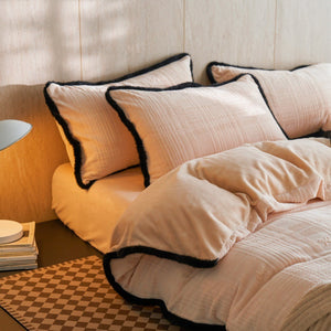 VILZSTUDIOS cream and blush-beige bow embroidered plaid duvet cover set with fluffy faux-fur trim