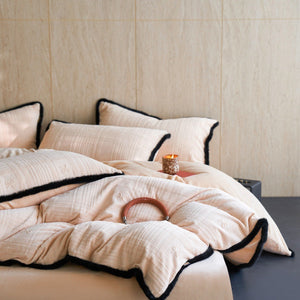 VILZSTUDIOS cream and blush-beige bow embroidered plaid duvet cover set with fluffy faux-fur trim