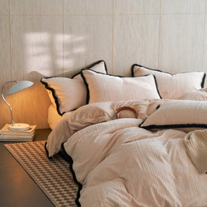 VILZSTUDIOS cream and blush-beige bow embroidered plaid duvet cover set with fluffy faux-fur trim