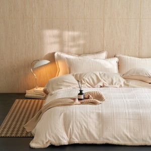 VILZSTUDIOS cream and blush-beige bow embroidered plaid duvet cover set with fluffy faux-fur trim