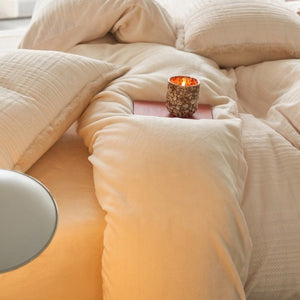 VILZSTUDIOS cream and blush-beige bow embroidered plaid duvet cover set with fluffy faux-fur trim