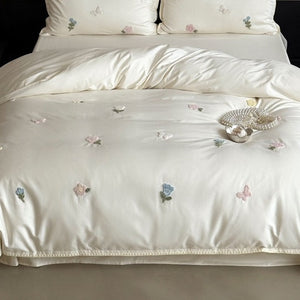 VILZSTUDIOS cream, blush pink or pale sage green satin duvet cover set with pastel butterfly and flower embroidery