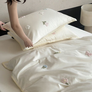 VILZSTUDIOS cream, blush pink or pale sage green satin duvet cover set with pastel butterfly and flower embroidery