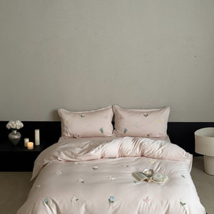 VILZSTUDIOS cream, blush pink or pale sage green satin duvet cover set with pastel butterfly and flower embroidery