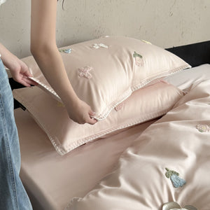 VILZSTUDIOS cream, blush pink or pale sage green satin duvet cover set with pastel butterfly and flower embroidery