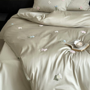 VILZSTUDIOS cream, blush pink or pale sage green satin duvet cover set with pastel butterfly and flower embroidery