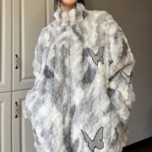 VILZSTUDIOS Oversized jacket with butterfly patches and faux fur