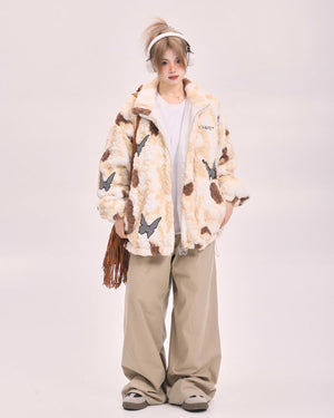 VILZSTUDIOS Oversized jacket with butterfly patches and faux fur