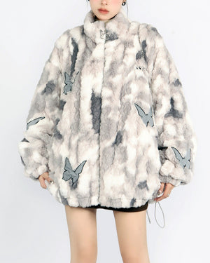 VILZSTUDIOS Oversized jacket with butterfly patches and faux fur