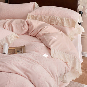 VILZSTUDIOS dusty pink or warm beige embossed fleece duvet cover set with cream butterfly lace trim