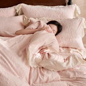 VILZSTUDIOS dusty pink or warm beige embossed fleece duvet cover set with cream butterfly lace trim